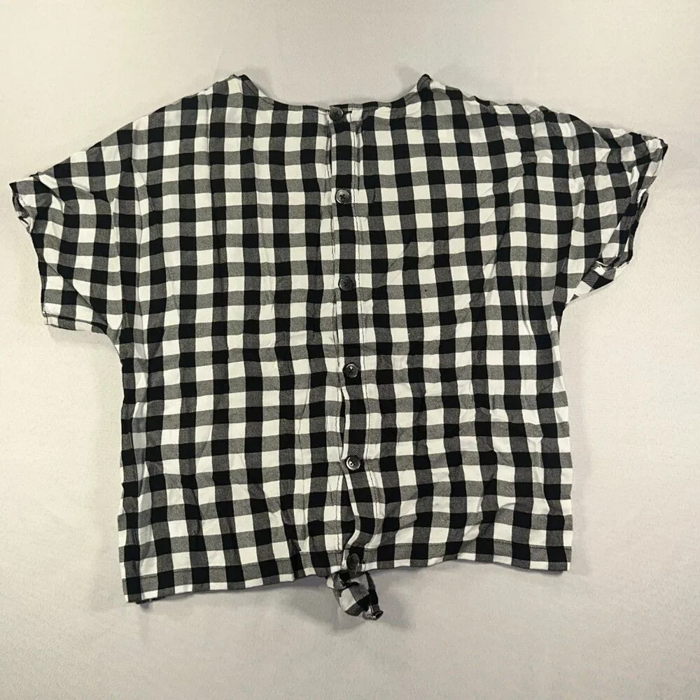 Madewell Buffalo Check black & White Button Back Tie Tee Blouse Medium - Picture 7 of 11